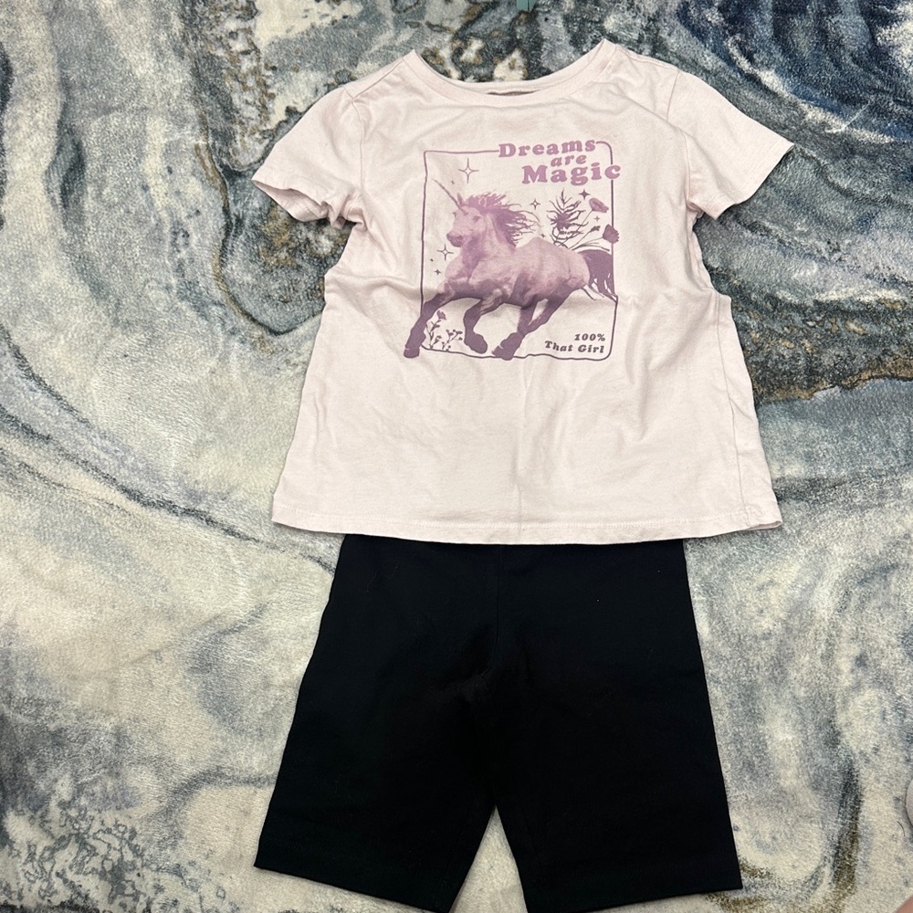 Dreams Are Magic Unicorn Graphic Tee and Black Shorts Set size 8